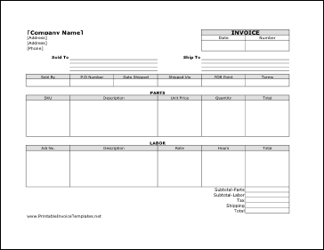sample of $7.00 printable invoice template in XLS format