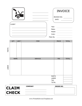 Auto Repair Invoice With Claim Check template