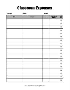 Classroom Expenses template