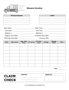 Movers Invoice With Claim Check template