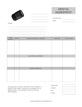 Photography Equipment Rental Agreement template