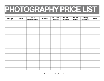 Price List Photography template
