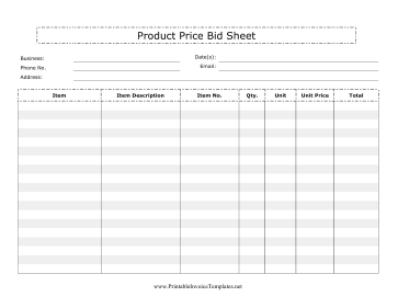 Product Price Bid Sheet template
