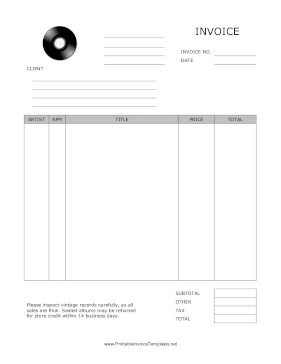 Record Store Invoice template