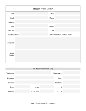 Repair Work Order template