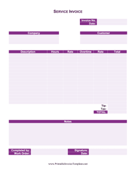 Service Invoice With Overtime Color template