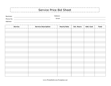 Service Price Bid Sheet template
