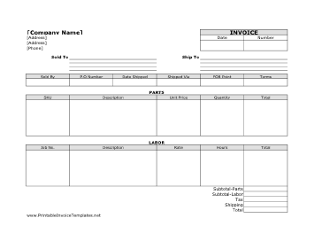 Parts & Labor Invoice (Unlined) template